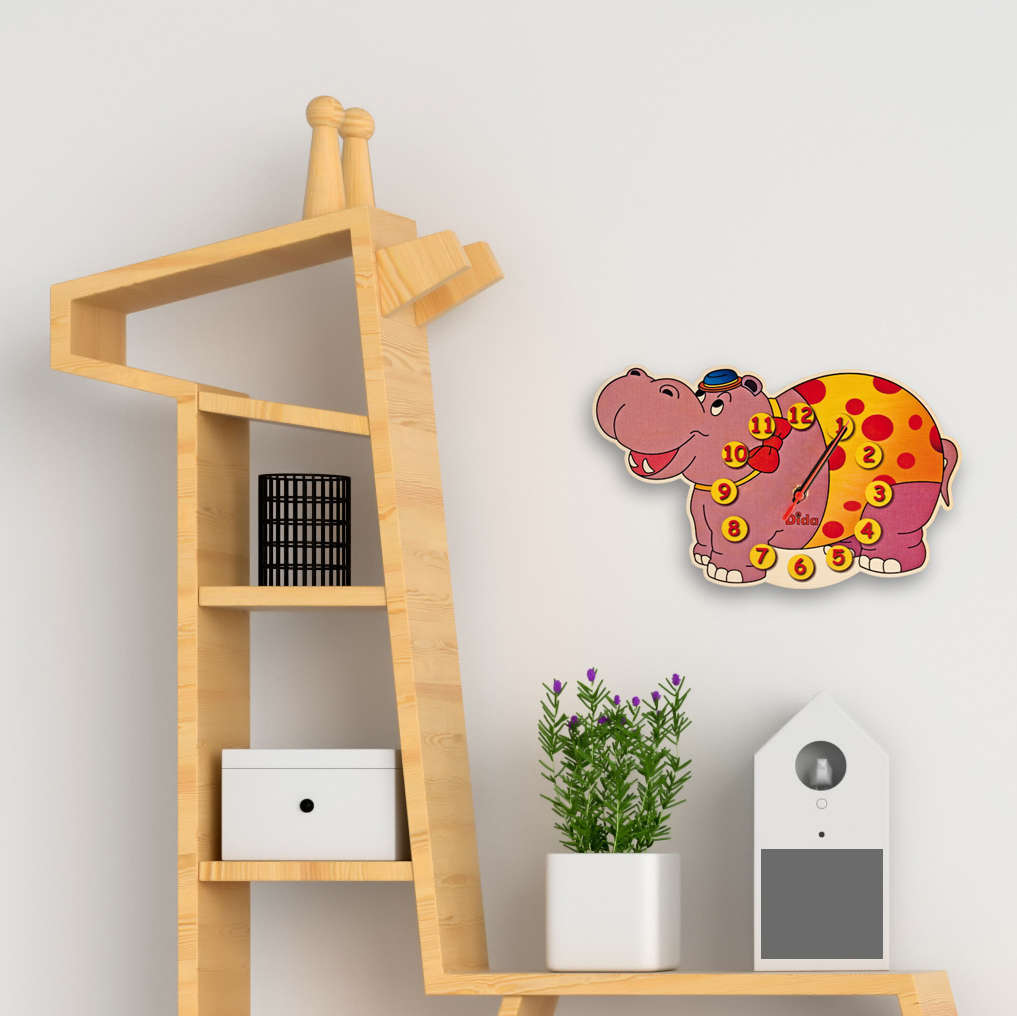 Orologio per bambino - Ippopotamo orologio da parete in legno - Dida orologio parete ippopotamo