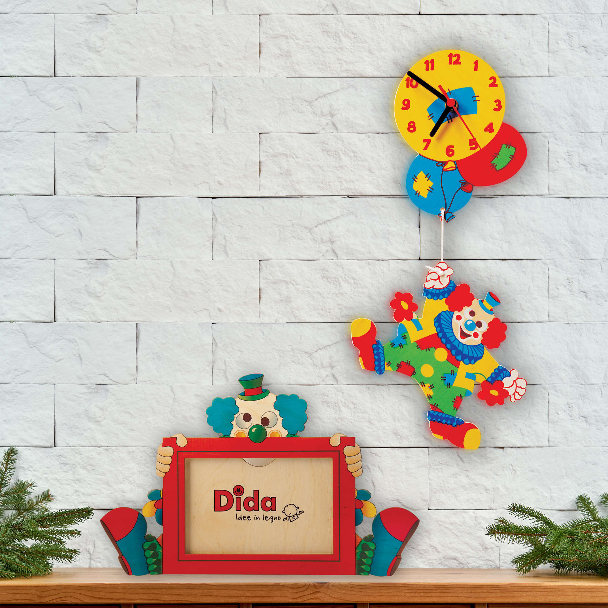 Portafoto in legno Clown-orologio Clown con palloncini-Dida Portafoto in legno Clown-orologio Clown con palloncini-Dida