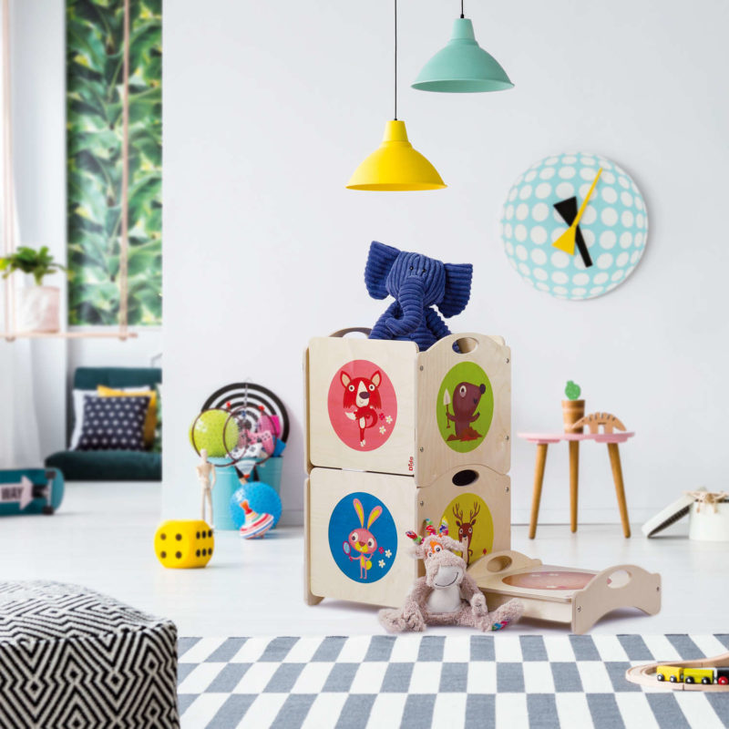 Pouf Contenitore Dida I Troncotti | Portagiochi In Legno Con Ruote | Sovrapponibile | Design Animali Del Bosco