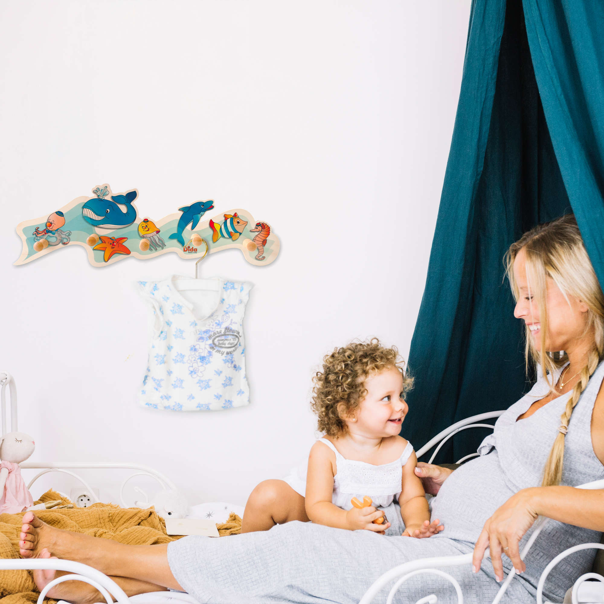 Appendiabiti bambino-animali marini- attaccapanni da parete in legno- Dida attaccapanni animali marini