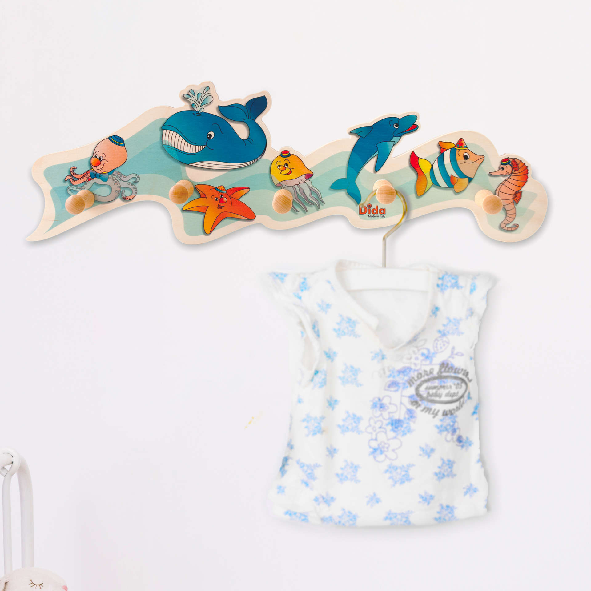 Appendiabiti bambino-animali marini- attaccapanni da parete in legno- Dida Appendiabiti bambino-animali marini- attaccapanni da parete in legno- Dida