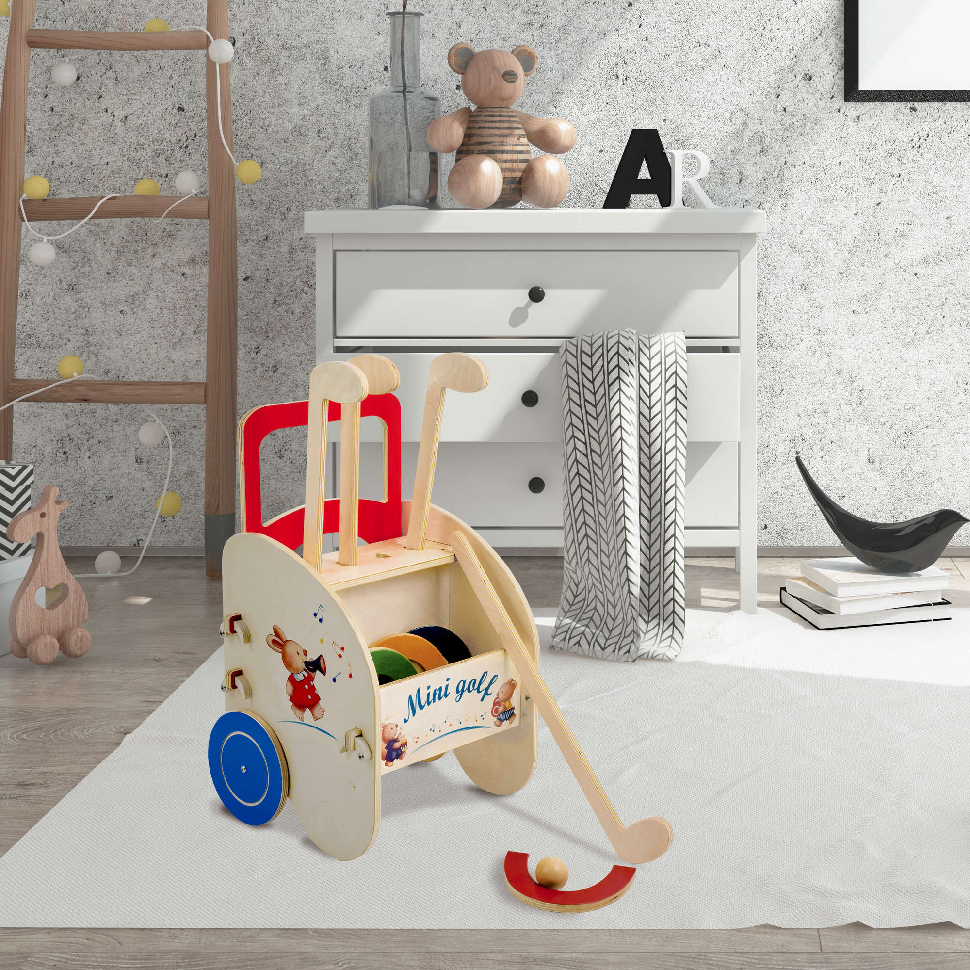 Minigolf in legno per giochi di movimento - carrellino gioco - Dida Minigolf in legno per giochi di movimento - carrellino gioco - Dida