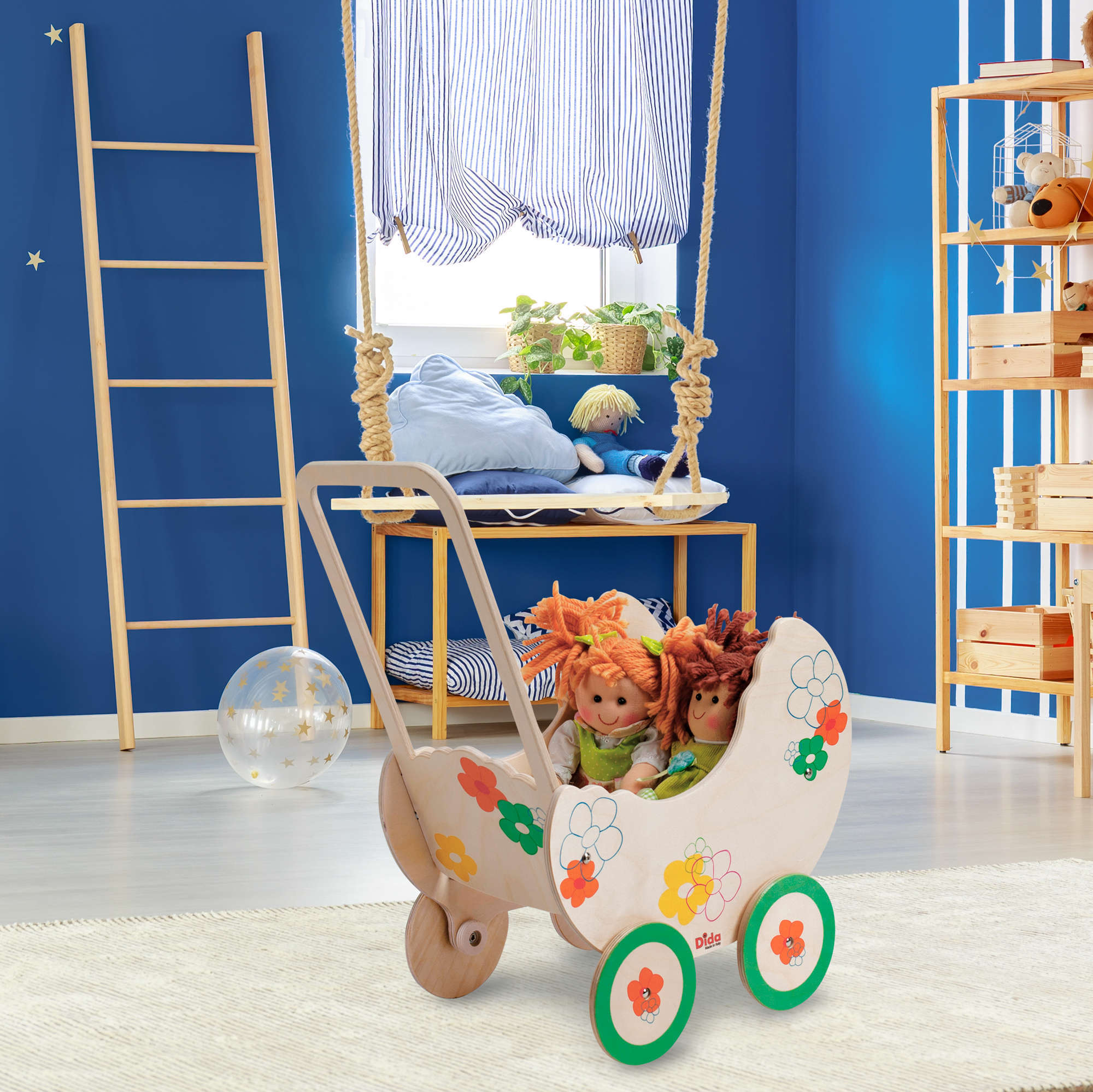 Carrozzina giocattolo in legno Fiore per bambole e bambini dai 2 anni-Dida Carrozzina giocattolo in legno Fiore per bambole e bambini dai 2 anni-Dida