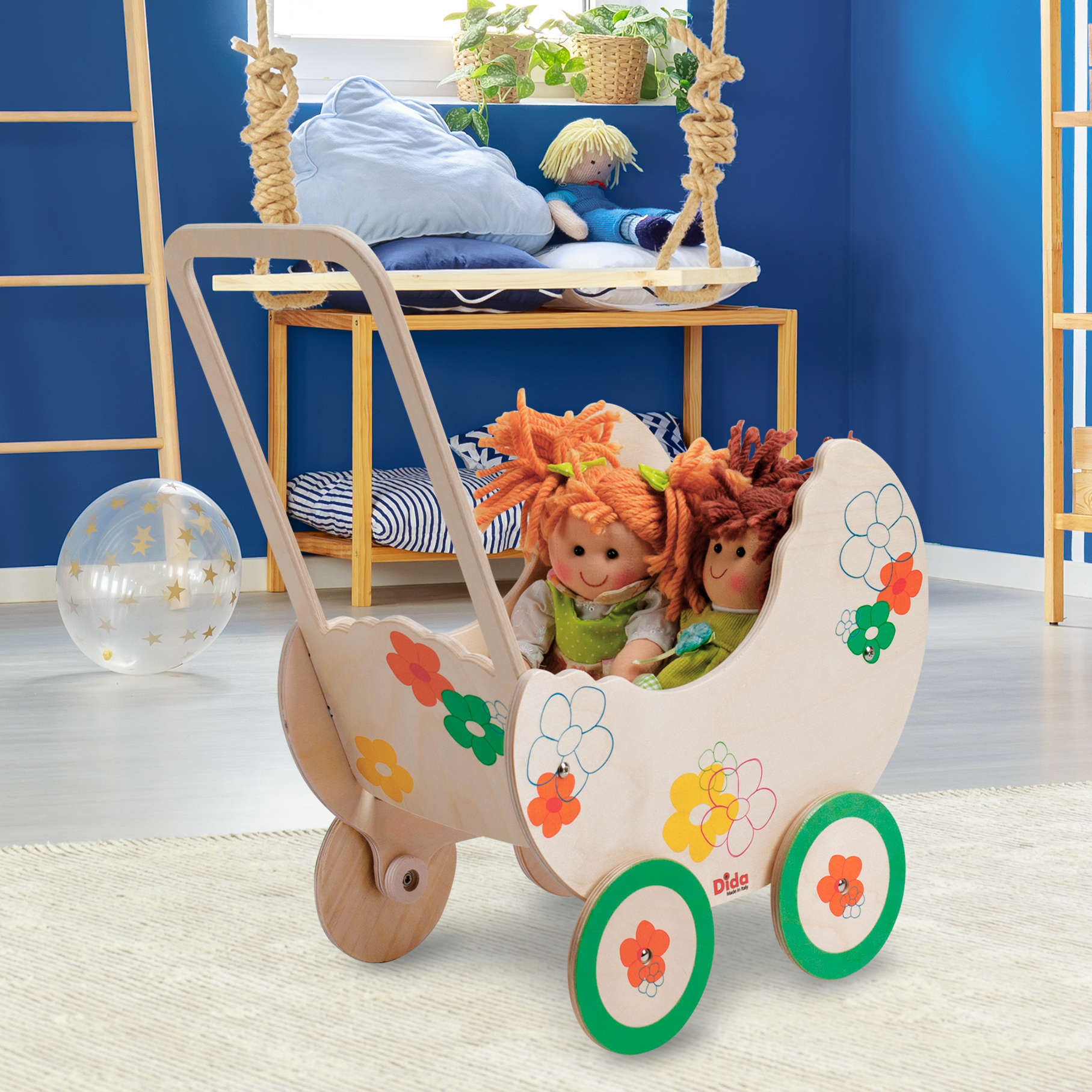 Carrozzina giocattolo in legno Fiore per bambole e bambini dai 2 anni-Dida carrozzina bambole fiore