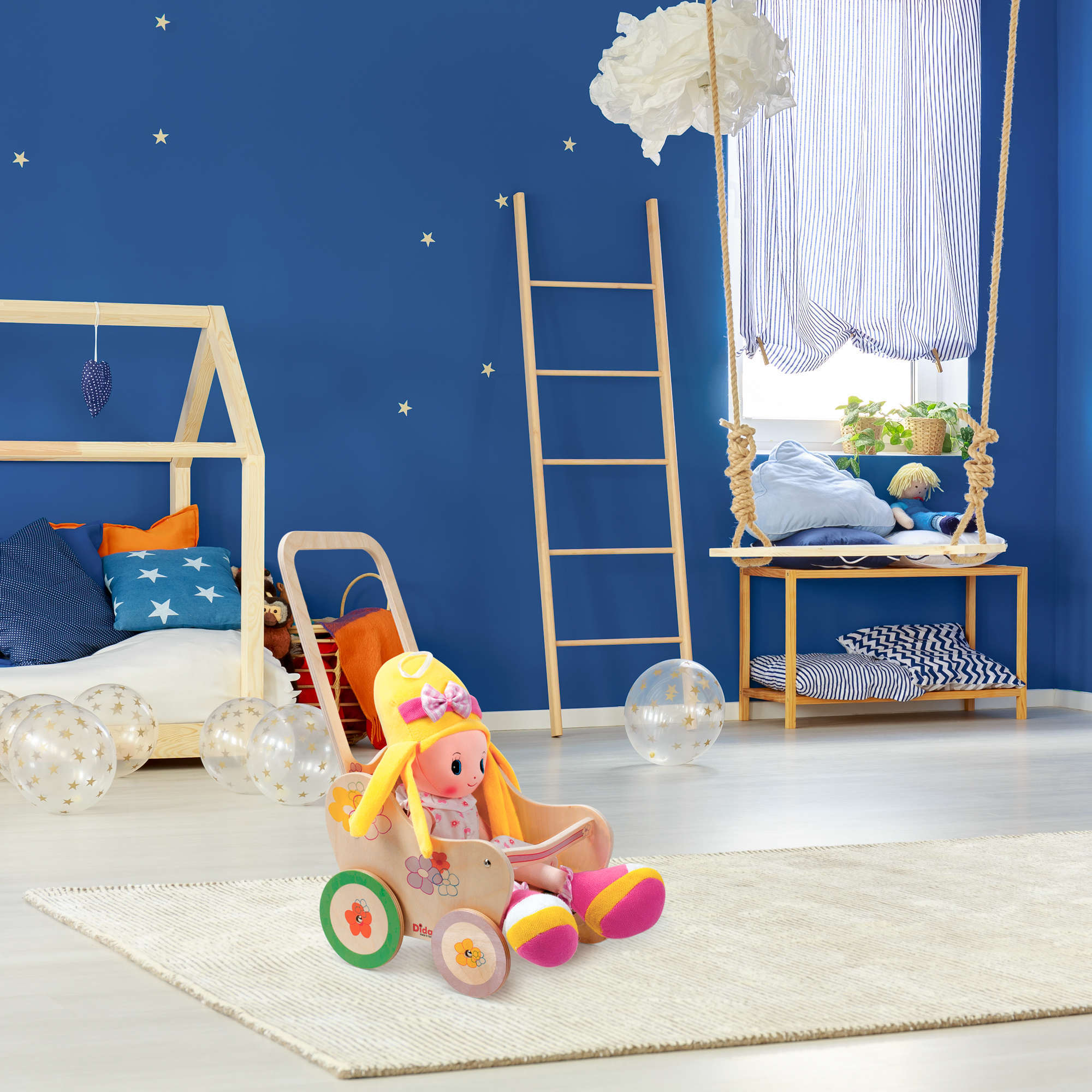 Passeggino gioco in legno per bambole decoro Fiori -gioco simbilico -Dida Passeggino gioco in legno per bambole decoro Fiori -gioco simbilico -Dida