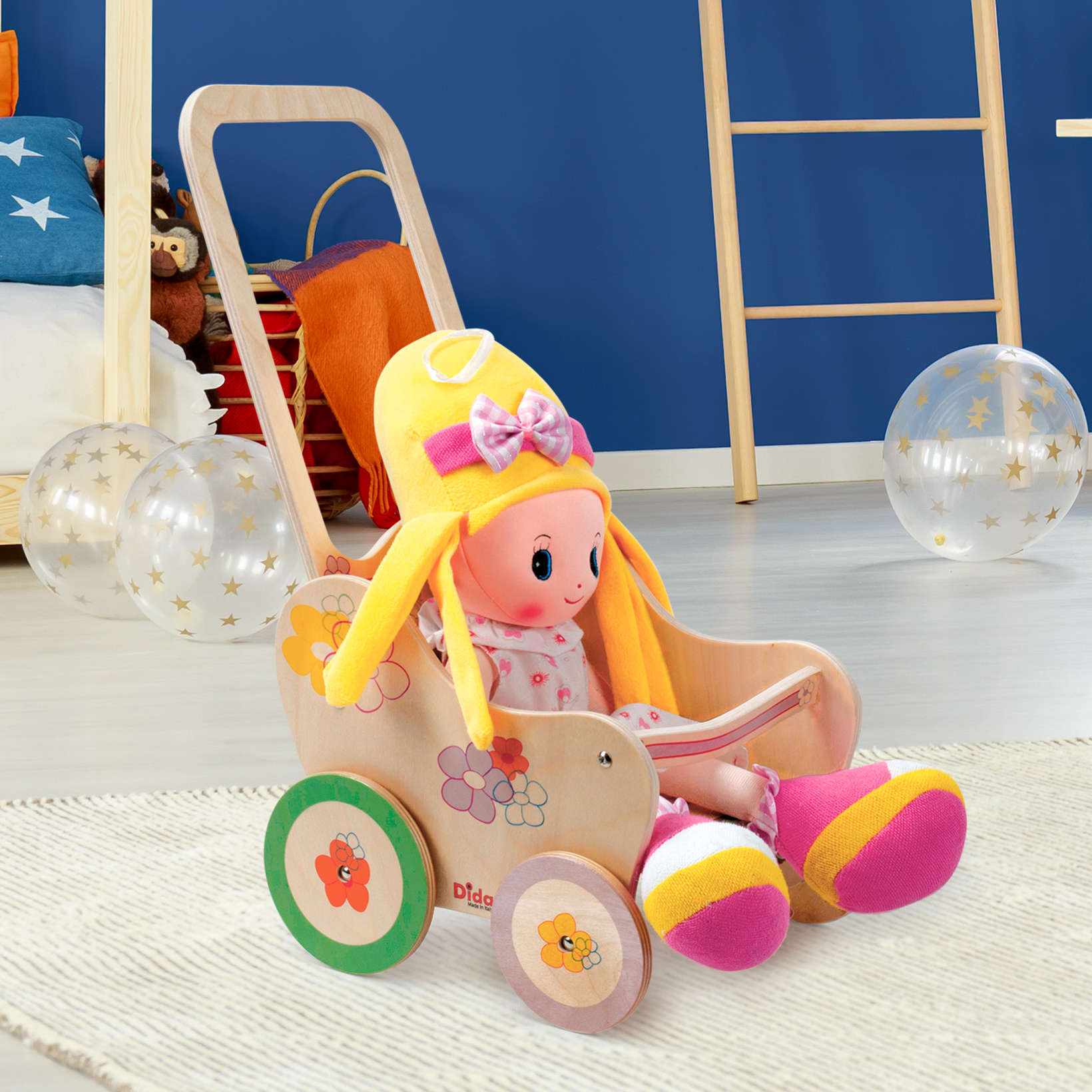 Passeggino gioco in legno per bambole decoro Fiori -gioco simbilico -Dida Passeggino gioco in legno per bambole decoro Fiori -gioco simbilico -Dida