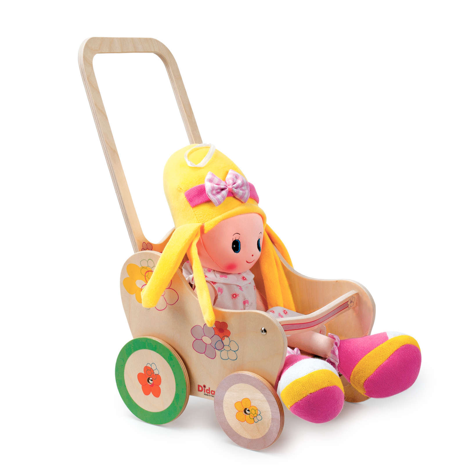 Passeggino gioco in legno per bambole decoro Fiori -gioco simbilico -Dida Passeggino gioco in legno per bambole decoro Fiori -gioco simbilico -Dida