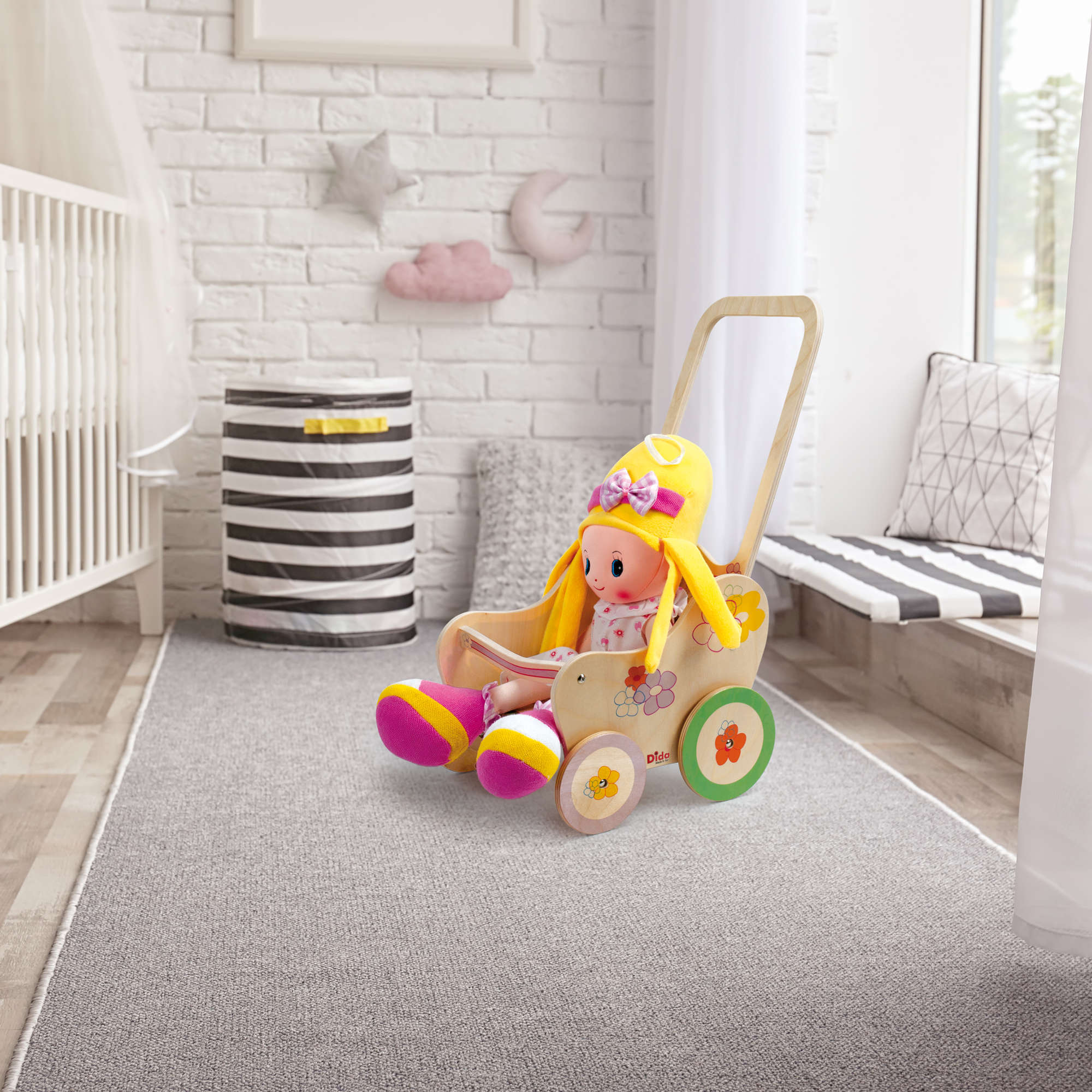Passeggino gioco in legno per bambole decoro Fiori -gioco simbilico -Dida Passeggino gioco in legno per bambole decoro Fiori -gioco simbilico -Dida