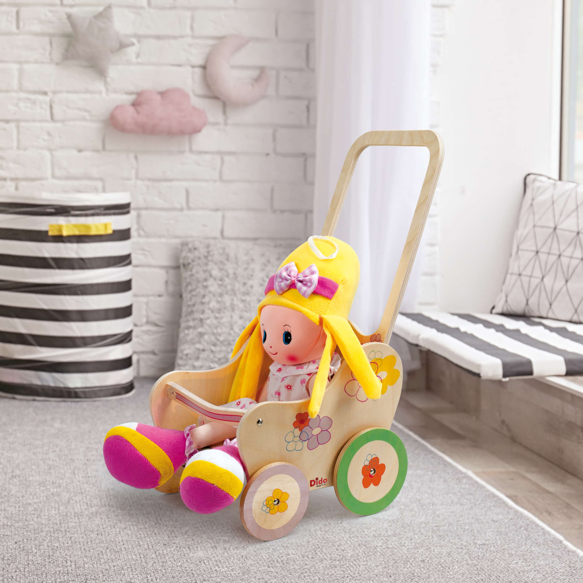 Passeggino gioco in legno per bambole decoro Fiori -gioco simbilico -Dida passeggino bambole fiore