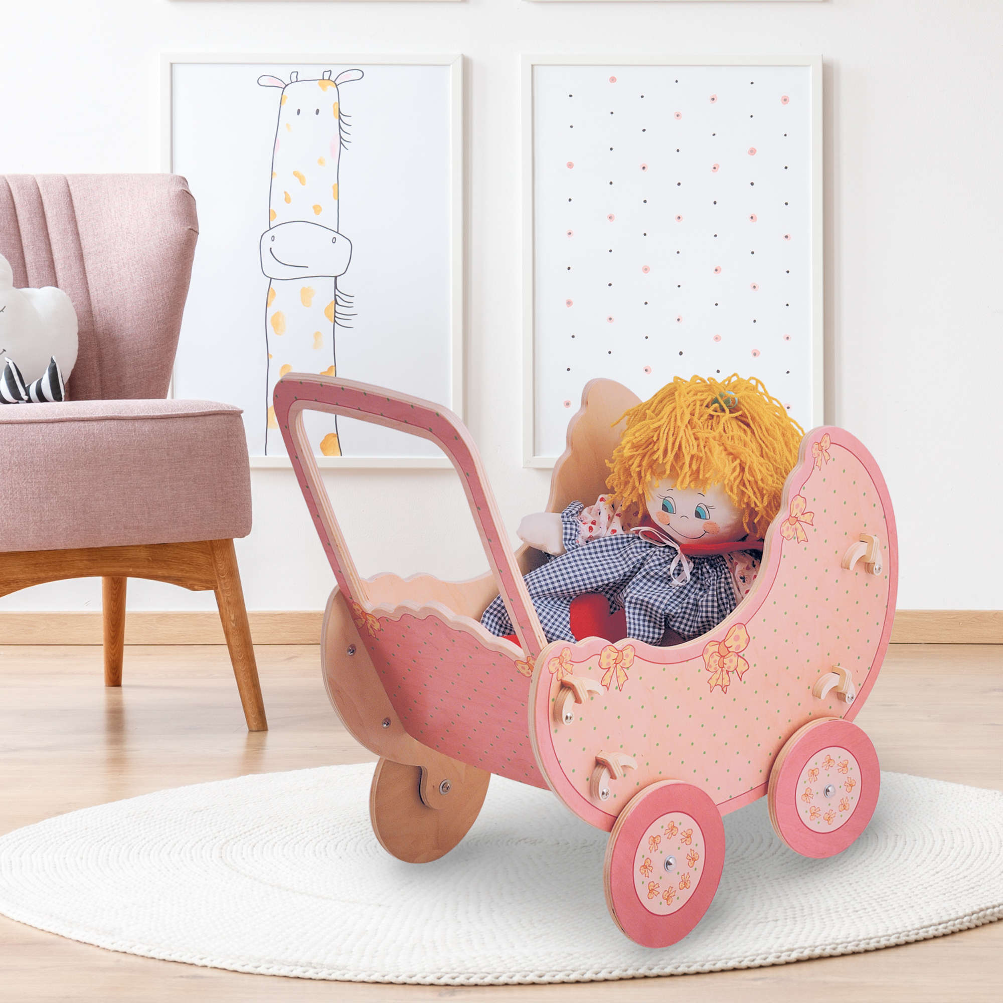Carrozzina per bambole Rosa legno e design vintage ed elegante Dida