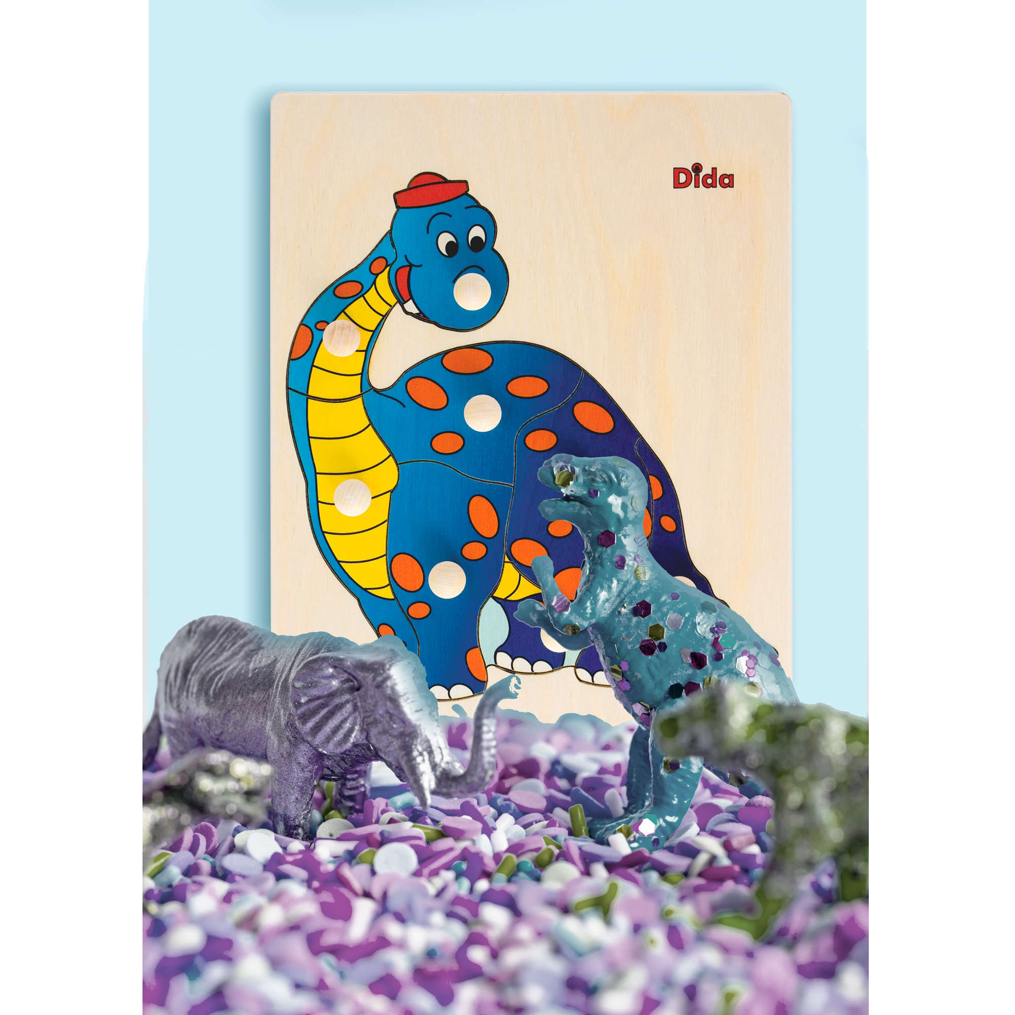 Puzzle in legno Dinosauro, 8 tessere con pomelli - Dida Puzzle in legno Dinosauro, 8 tessere con pomelli - Dida