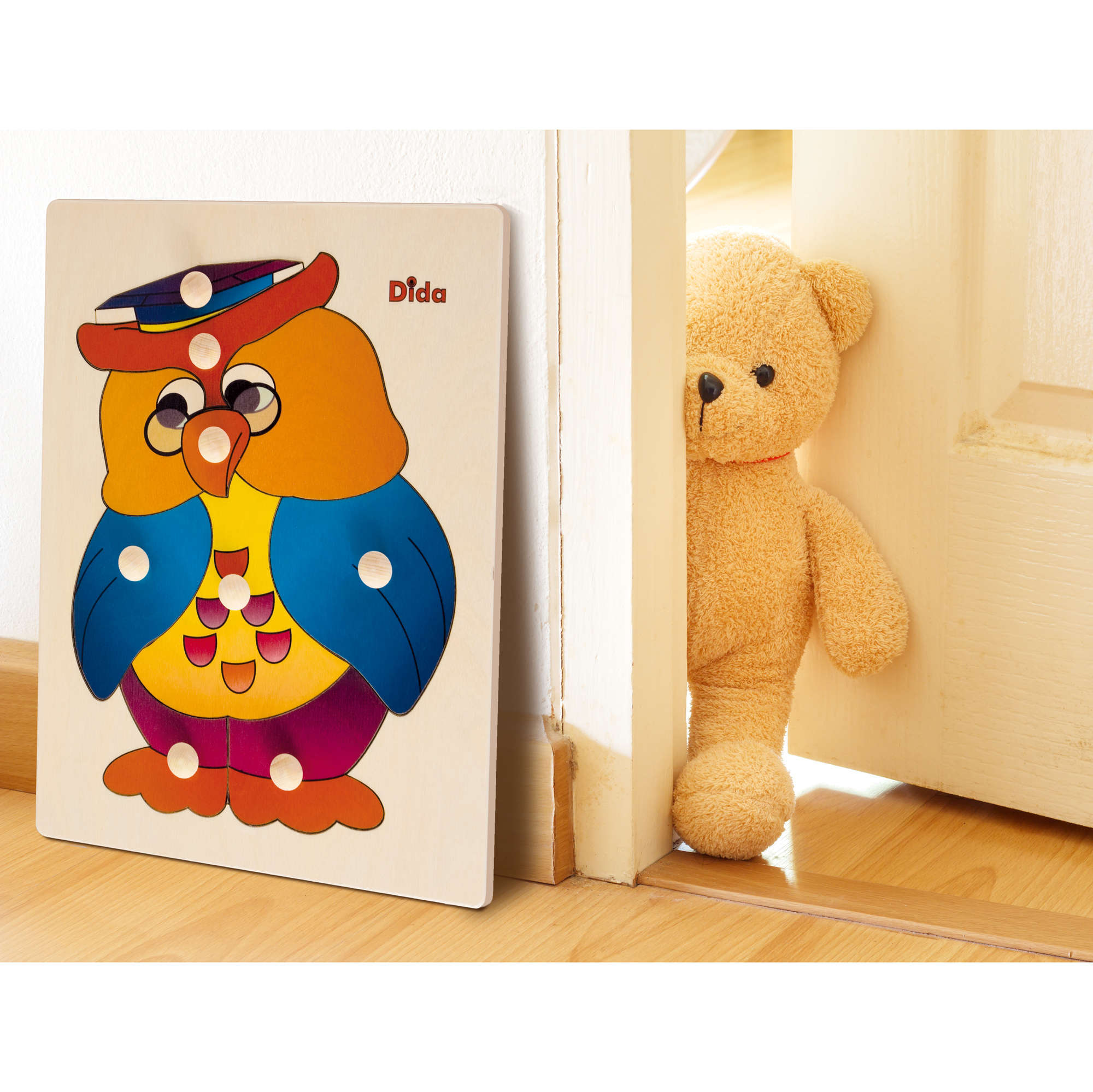 Puzzle in legno Gufo, 8 tessere con pomelli - Gioco di pazienza, concentrazione, e osservazione - Dida Puzzle in legno Gufo, 8 tessere con pomelli - Gioco di pazienza, concentrazione, e osservazione - Dida