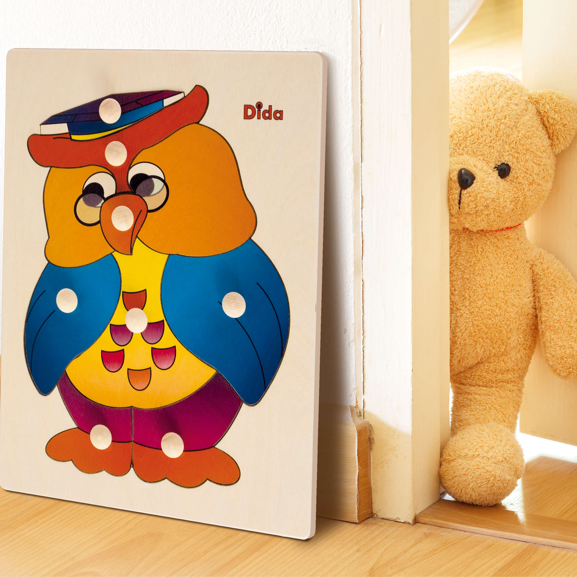 Puzzle in legno Gufo, 8 tessere con pomelli - Gioco di pazienza, concentrazione, e osservazione - Dida puzzle gufo