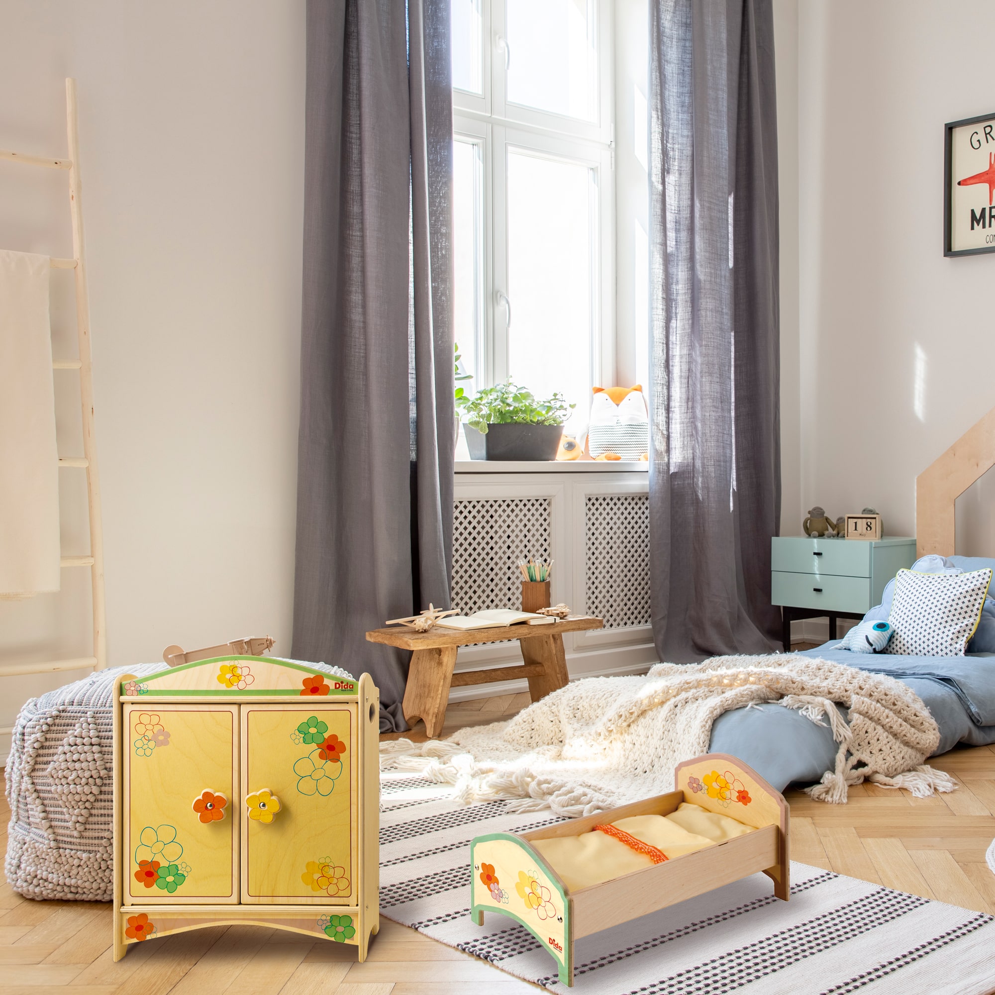 Armadio e lettino giocattolo Fiore per bambole e bambini dai 2 anni di età - Dida Armadio e lettino giocattolo Fiore per bambole e bambini dai 2 anni di età - Dida